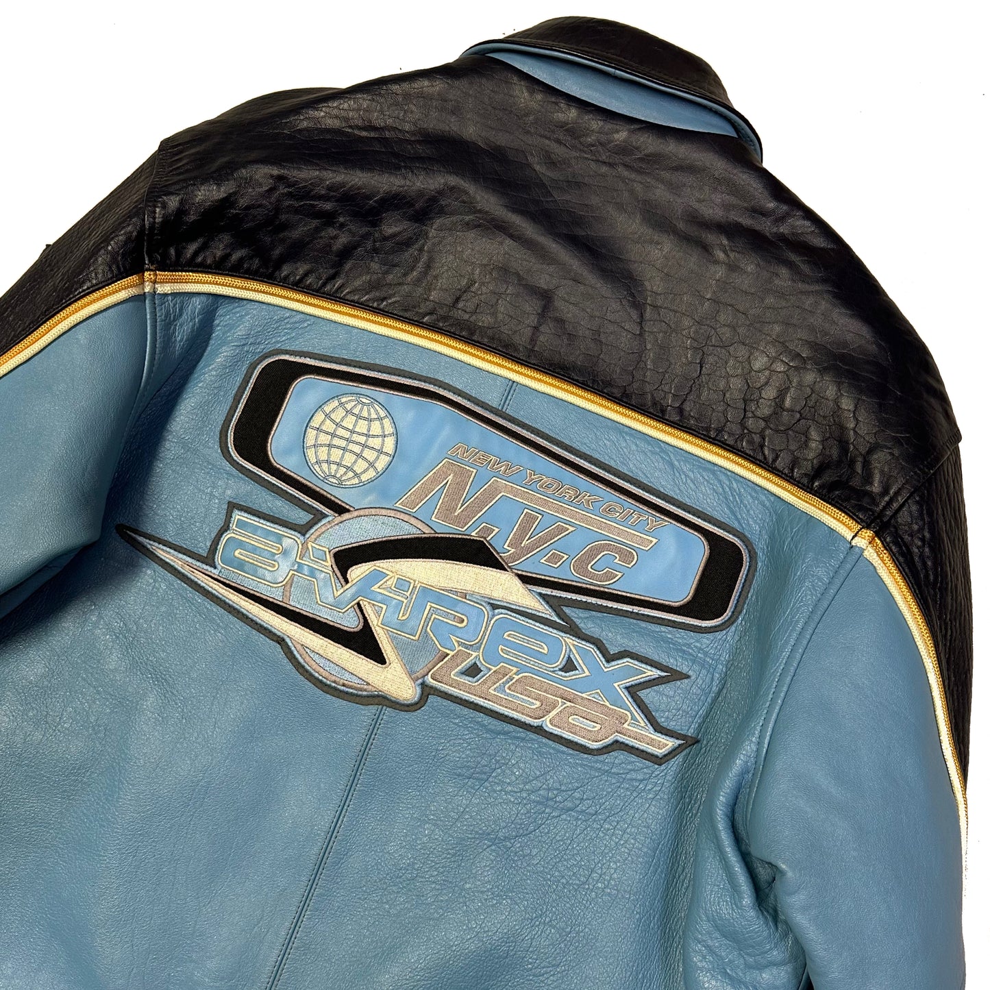 Avirex Leather Jacket In Baby Blue & Navy ( L )