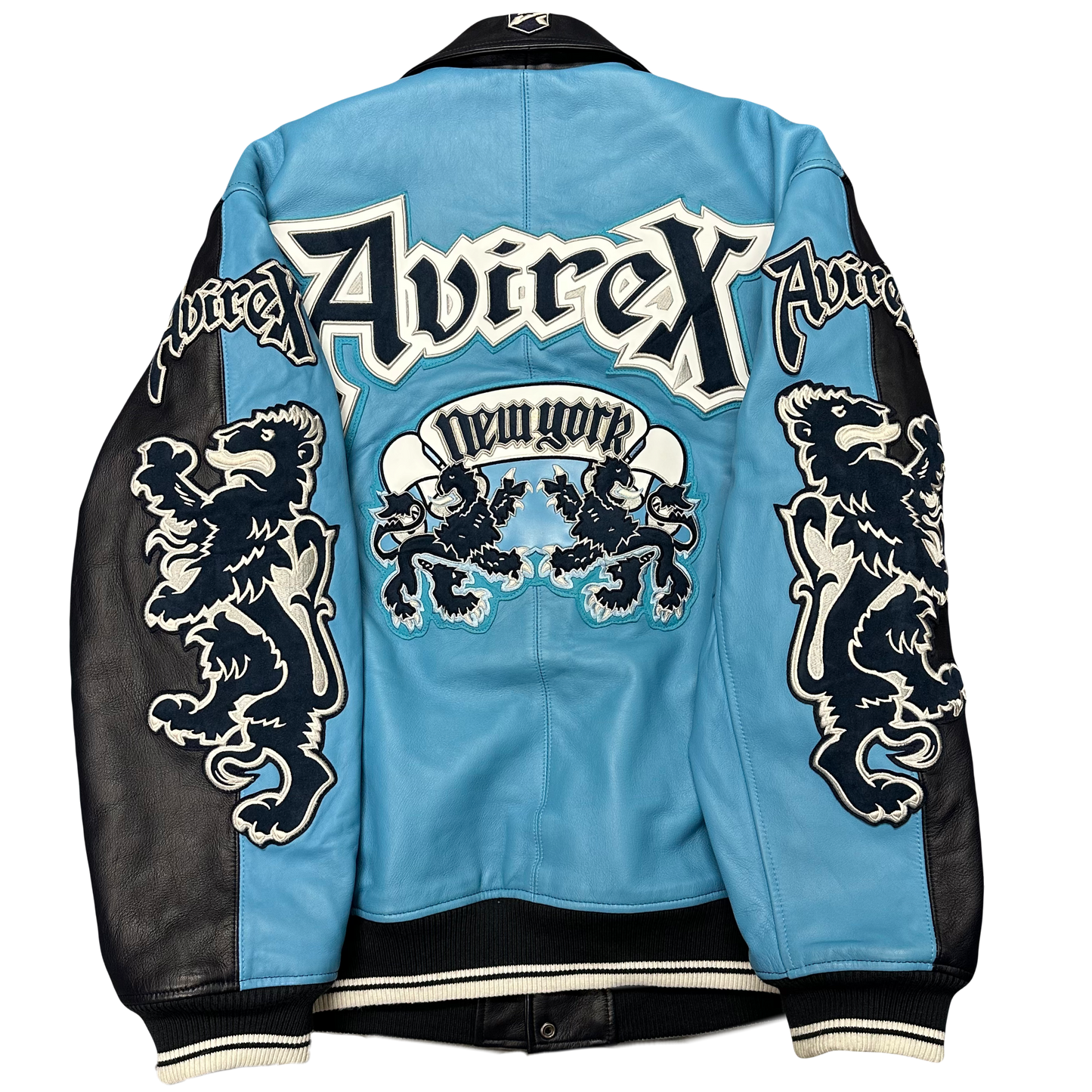 ARCHIVE Avirex New York Dragons Leather Jacket In Navy & Baby Blue ( XXL )