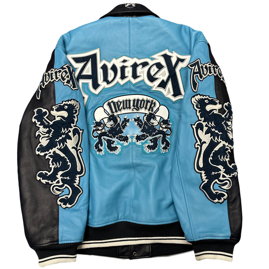 ARCHIVE Avirex New York Dragons Leather Jacket In Navy & Baby Blue ( XXL )