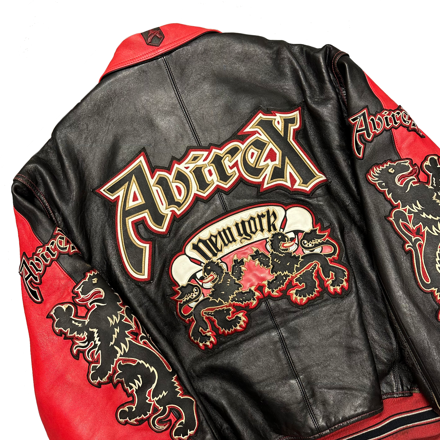 ARCHIVE Avirex New York Dragons Leather Jacket In Red & Black ( XL )